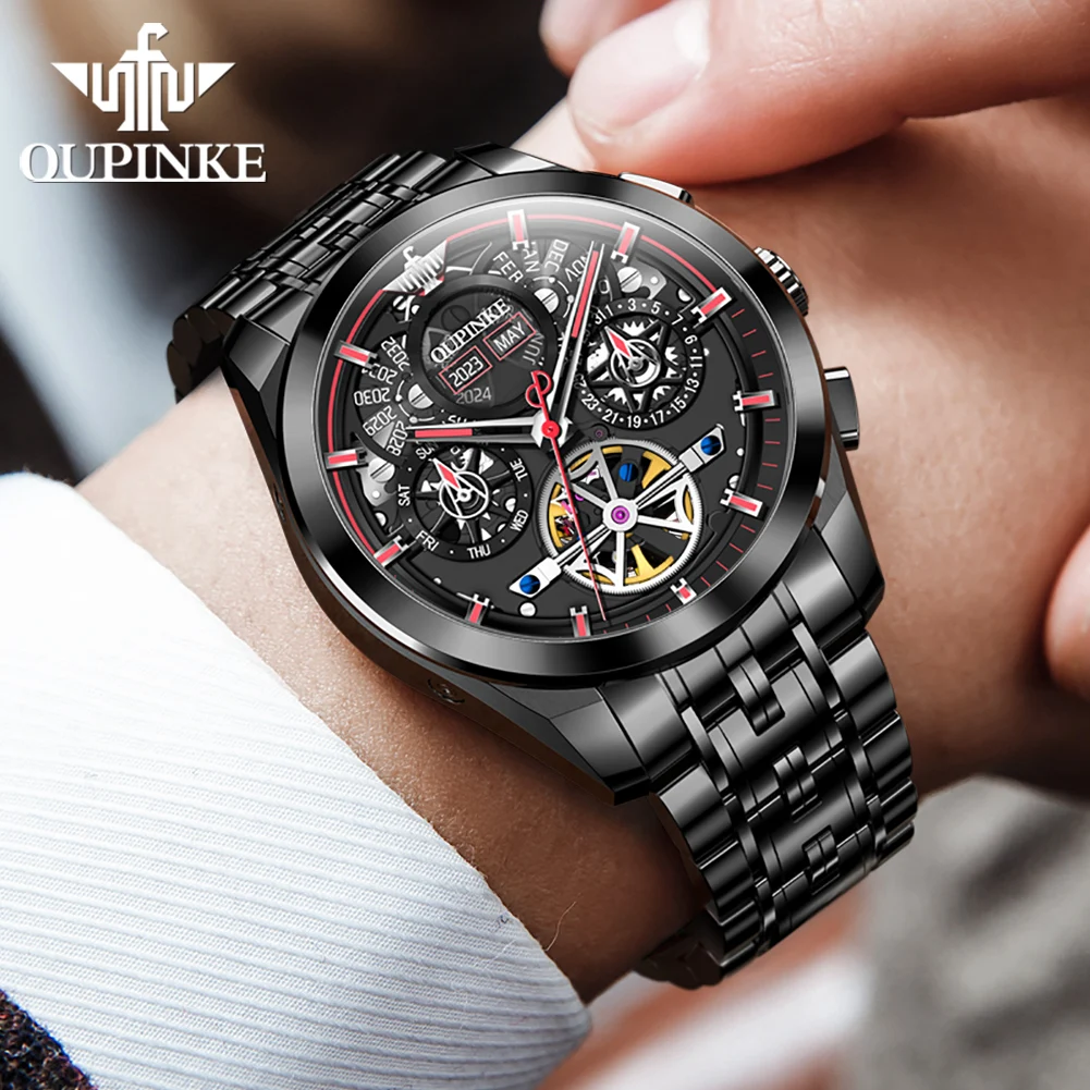 OUPINKE Luxury Men Tourbillon Multifunctional Design Mens Watches Top Brand Waterproof Casual Steel Automatic Mechanical Watch