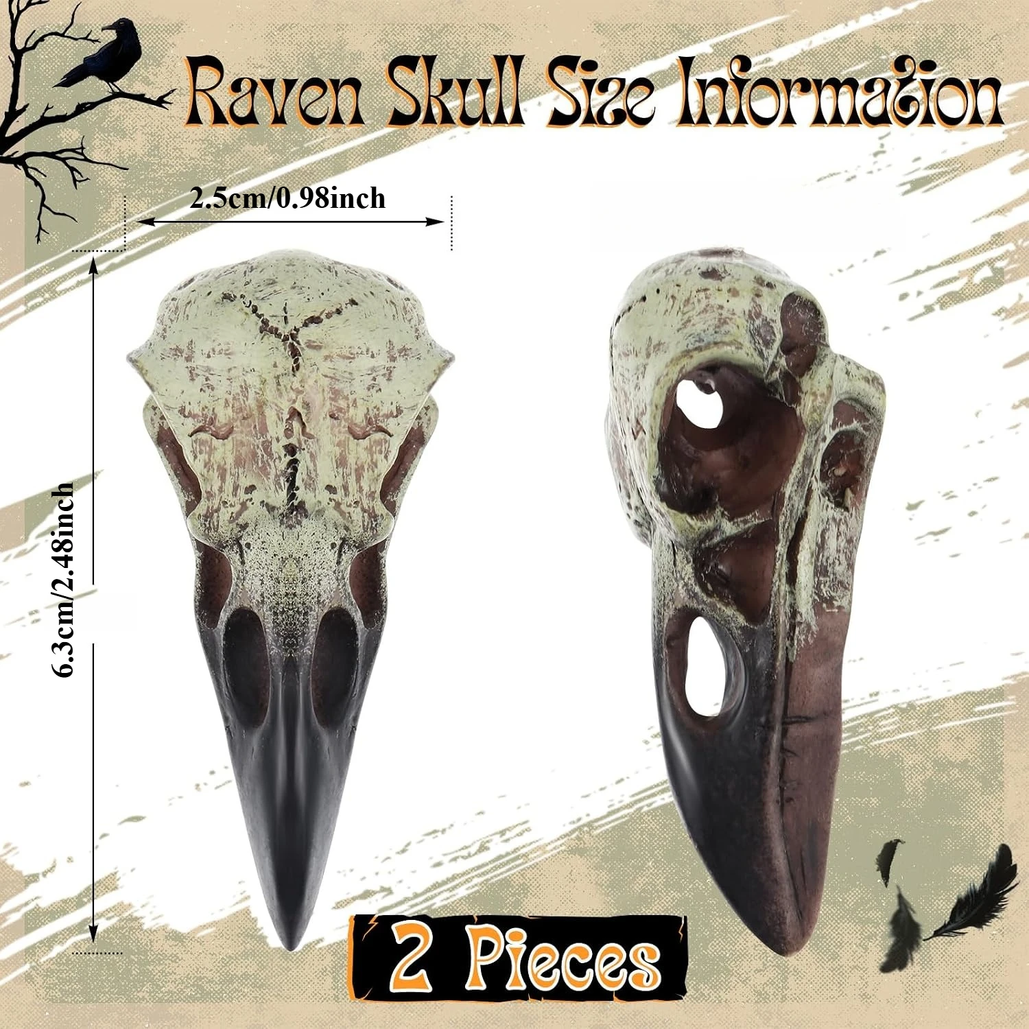 2 Stück Goth-Raben-Schädel-Figuren, Gothic-Heimdekoration, Obsidian-Krähen-Hängeskulptur, Harz-Tierschädel-Statue, Halloween-Ornament – Detail 2