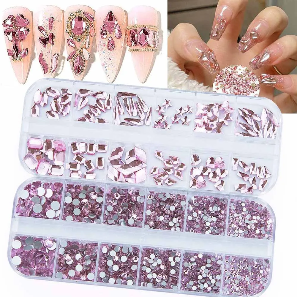 

2Boxes(24grids) 3D Sakura Pink Nail Art Rhinestones Multi Shapes Flatback Diamonds Nail Charms DIY Crafts Clothes Makeup Decor