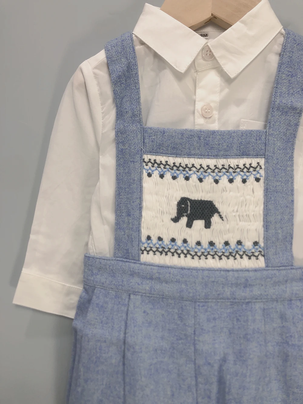 Toddler Boy Wool Suspender Shorts Set White Cotton Long Sleeve Bubble Blue Handmade Smocked Elephant Christening Eid Clothes