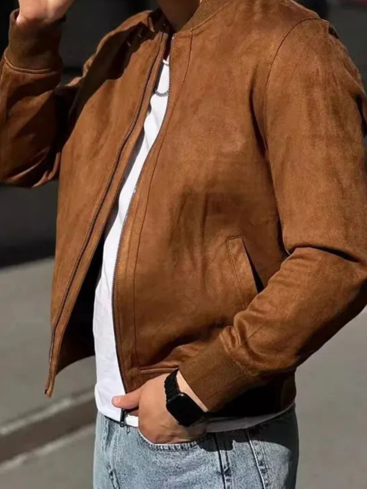 

Casual Color Zipper Jacket Men's Long Sleeve Stand Collar Standard Fit Autumn Outerwear Simple Style Middle-aged Suitable