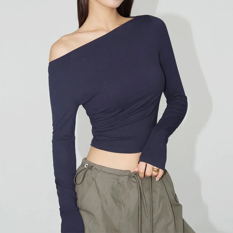 Women's Olique Neckline Long Sleeved Fit Top with Ruched Side Detail