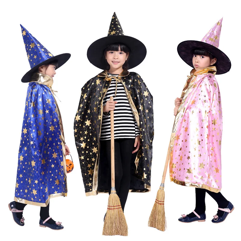 Kids Cosplay Halloween Wizard Costume for Girls Boys Satin Cape with Hat Witch Cloak Carnival Dress Up Party Ghost Clothes 2022