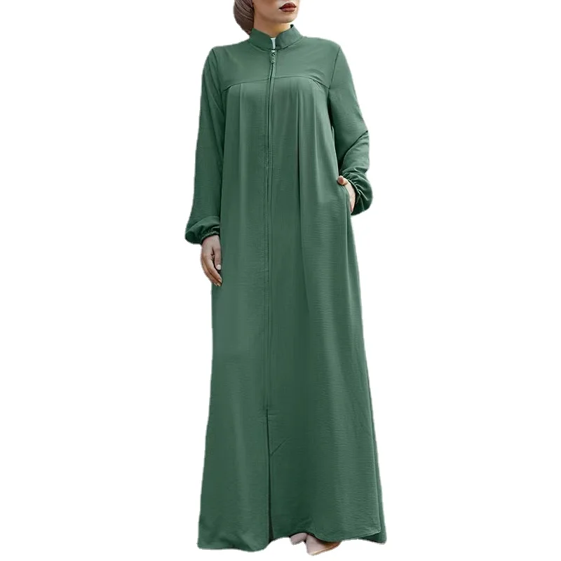 New Abaya for Muslim Arab Women Solid Color Temperament Cotton Linen Long Sleeved Standing Neck Fashion Loose Casual Long Dress