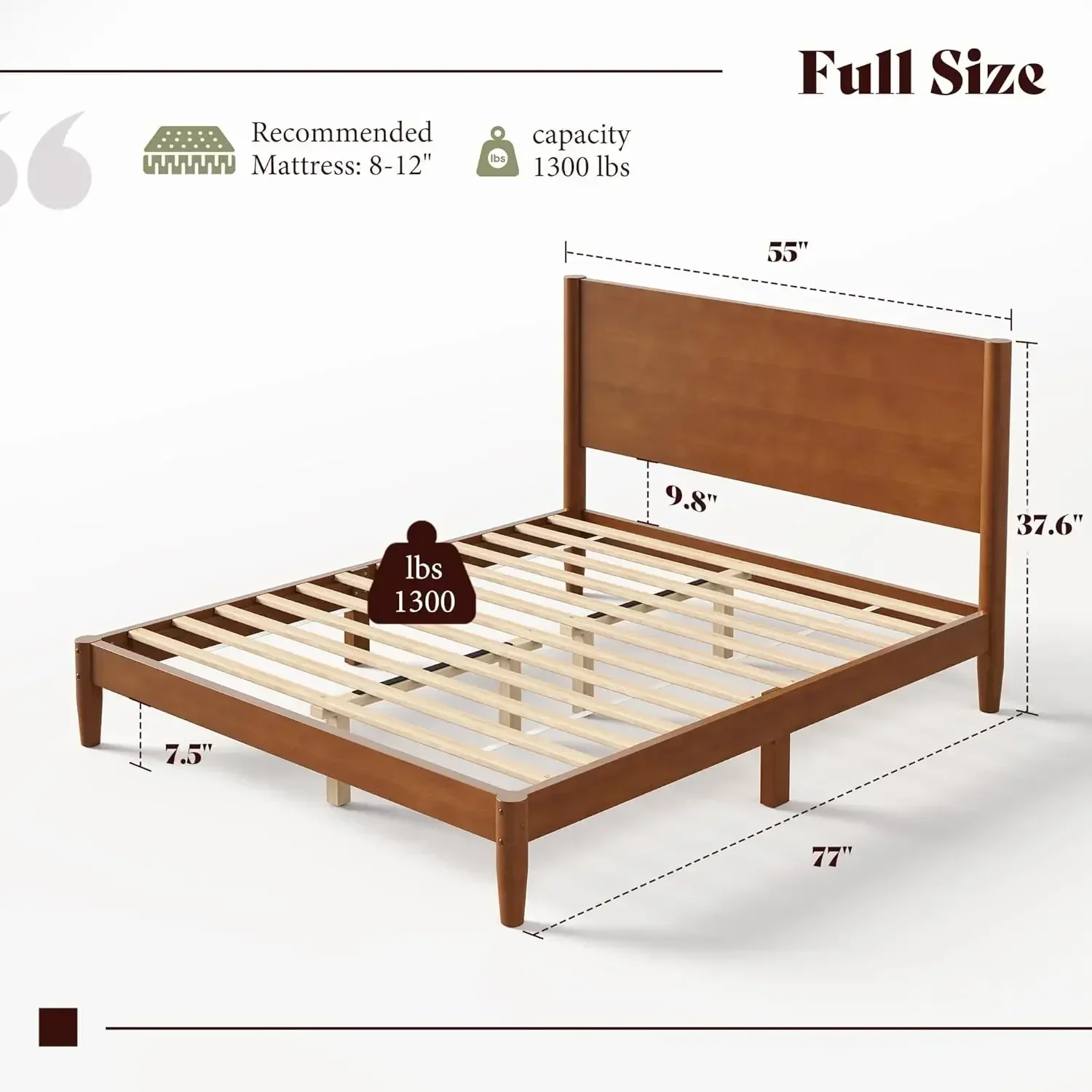 AMERLIFE Full Size Solid Wood Bed Frame, Mid Century Modern Platform Bed with Full Panel Headboard, Noise-Free & Cylindrical Leg