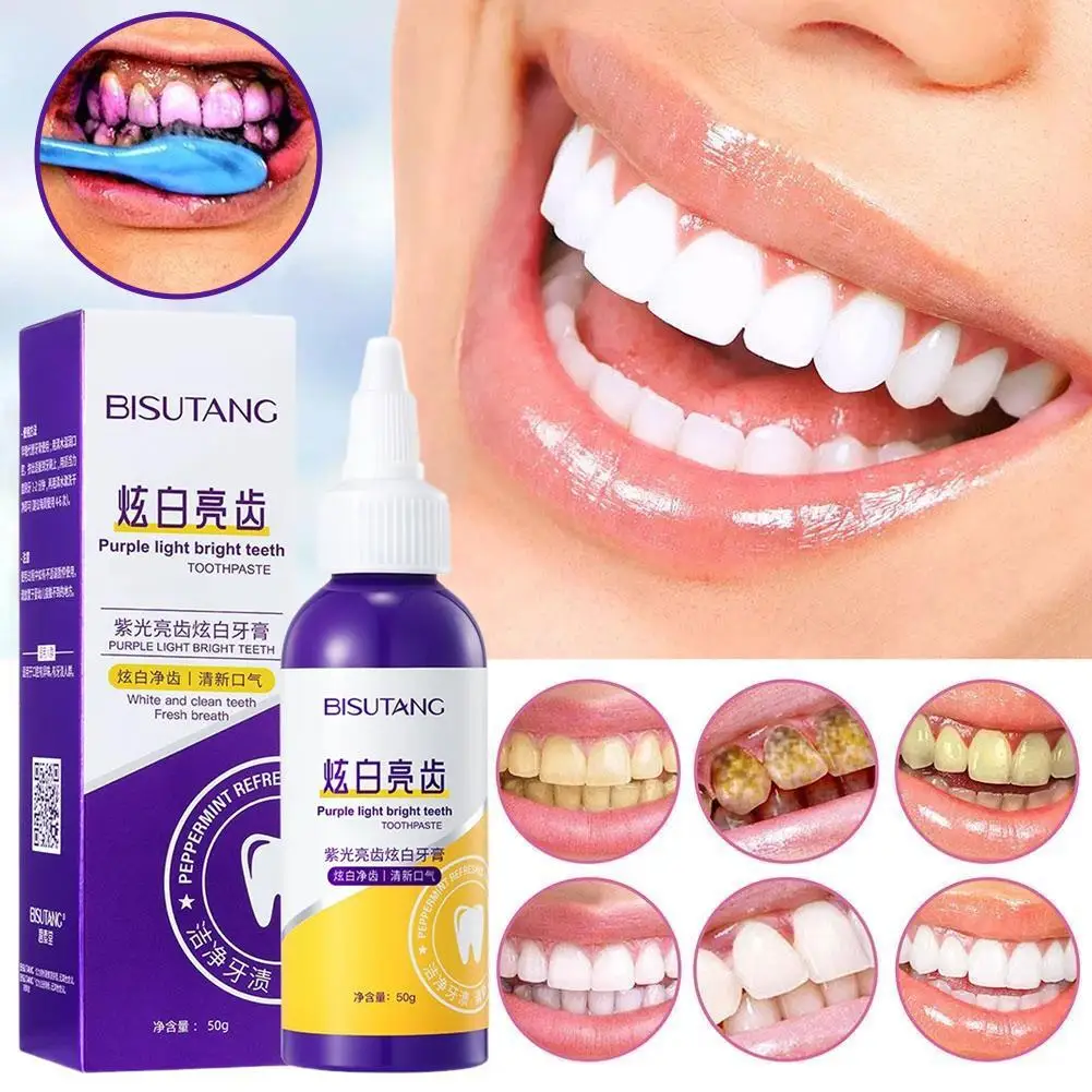 Pasta de dientes blanqueadora de dientes de 50g, pasta de dientes púrpura sin fluoruro, crema correctora del color dental, sabor aliento fresco
