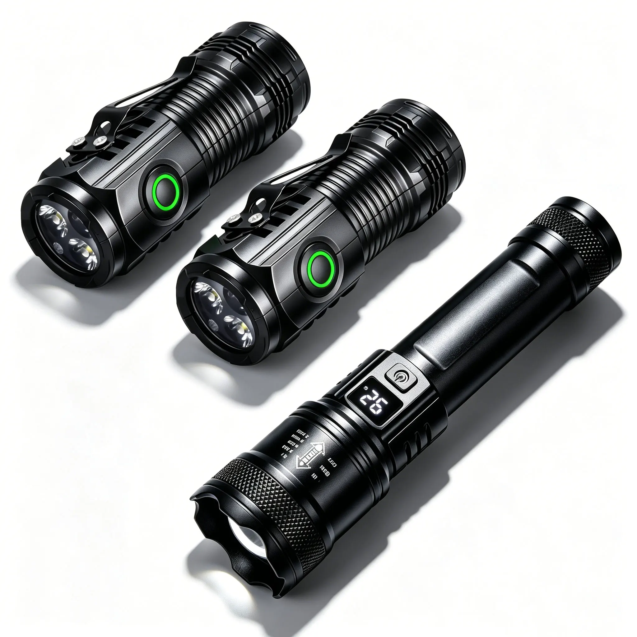 LED Flashlight Set Small EDC Keychain Light + Big Zoomable Flashlight with Digital Display USB-C Rechargeable