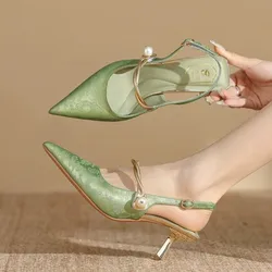 Mint Mambo New Chinese Style Light Guofeng Shoes Ladies Retro 2024 Summer New Satin High Heel Sandals Women