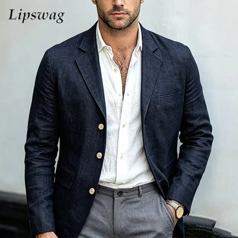 Vintage Mens Blazer Jacket Fall Casual  Loose Suit Jackets Men Classic Lapel Button Cardigan Men's Stylish Solid Color Coat