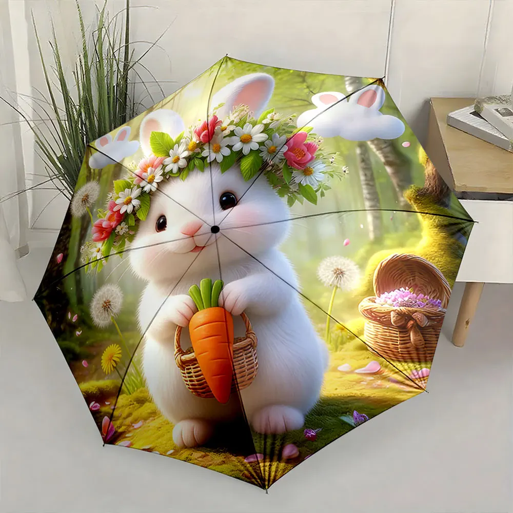 1PC Charming Bunny in Floral Wonderland Print 8 Iron Ribs Folding Umbrella Auto-Open Fashion Sunshade