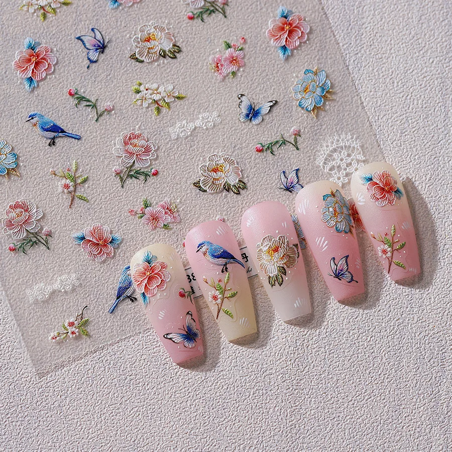 5D Gorgeous Colorful Embroidered Peony Vivid Flowers Birds Butterfly Adhesive Nail Art Stickers Decals Manicure Ornaments