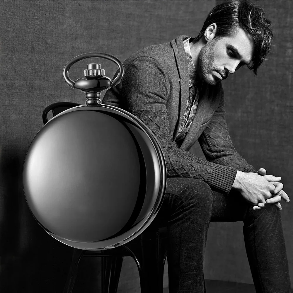 

Full Black 2 Sides Open Case Luxury Mens Pocket Watch Mechanical Hand-winding Necklace Clock Business Exquisite Male Gift
