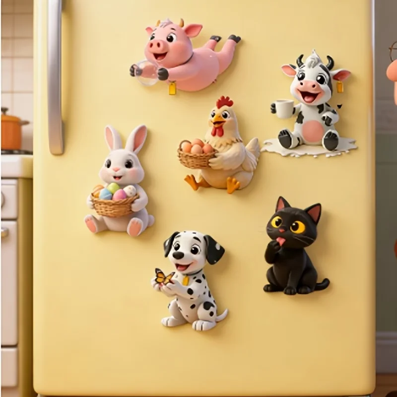 A set of 6 2D creative flat magnetic fridge magnets, cute rabbit, Dalmatian, and black cat shapes, perfect for gifting.