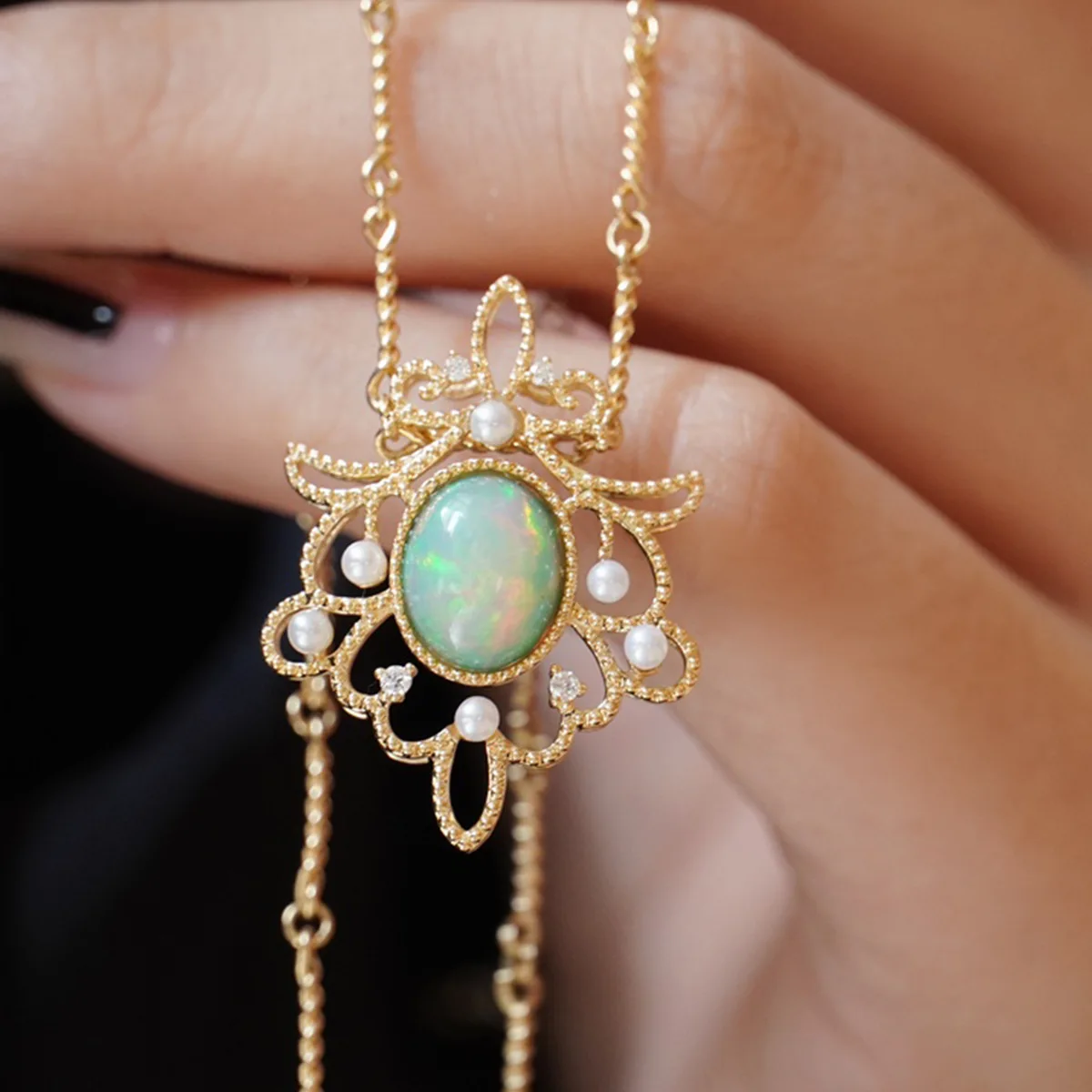 نمط المحكمة الفيكتورية 925 الفضة الاسترالية الأبيض أوبال قلادة روكوكوكو البذور اللؤلؤ البيضاوي الاصطناعية أوبال سلسلة قلادة مجوهرات هدية