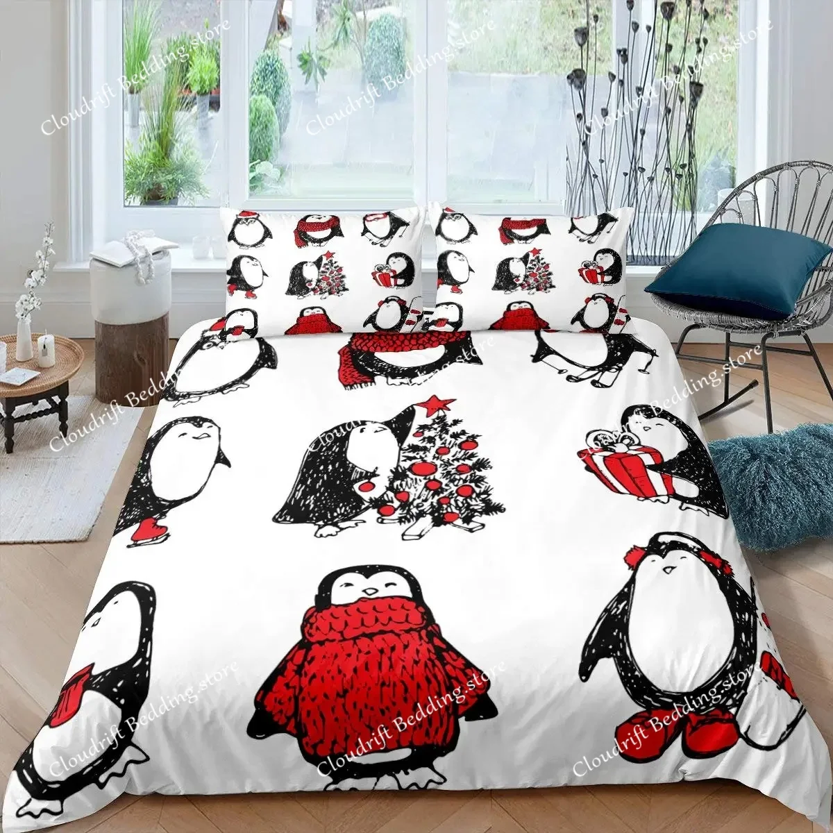 Penguin Comforter Cover Kawaii Animal Print Black White Little Penguin Duvet Cover Blue Iceberg Antarctica Winter Bedding Set
