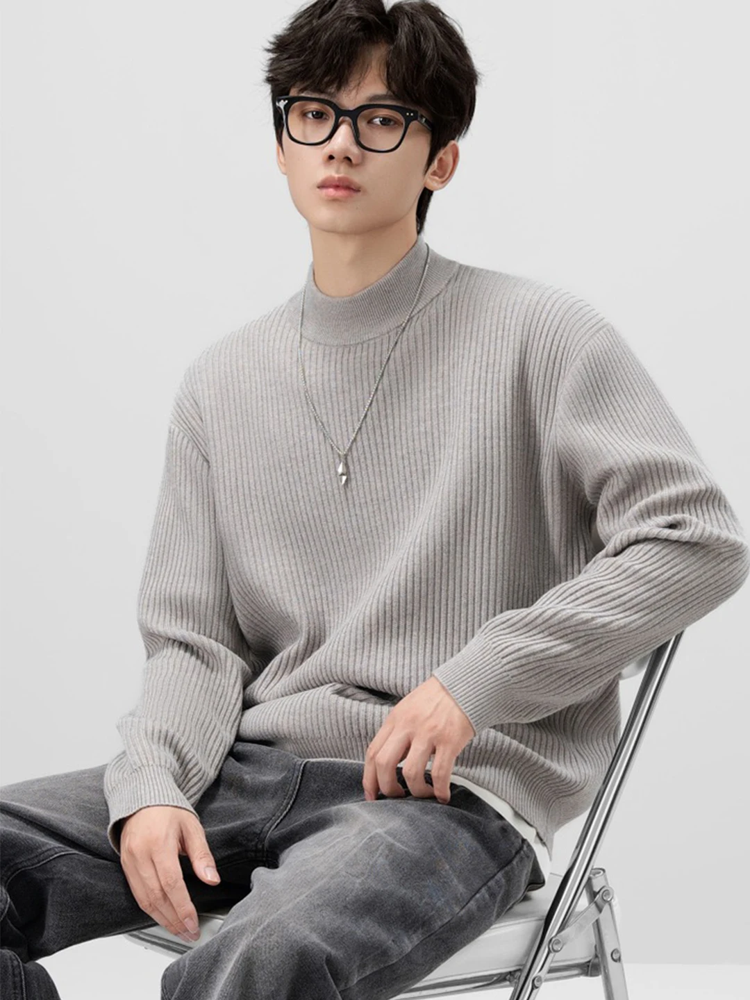 

Мужской теплый вязаный свитер с высоким воротником, облегающий, для ношения под одеждой, осенняя новинка, удлиненный топ