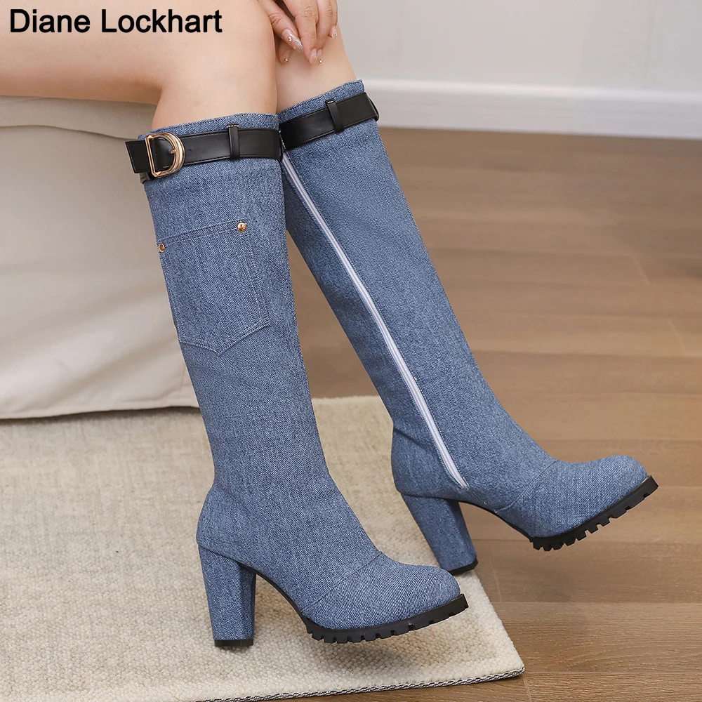 Designer New Slim Plus Size Denim Knee high Boots Women Chunky Heels High-heeled Shoes Round Toe belt buckle Cowboy Bottes