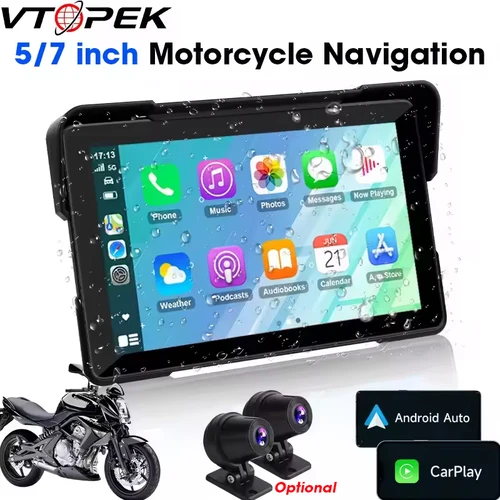 Vtopek 5 ""/7"" pulgadas motocicleta DVR navegación GPS reproductor Multimedia inalámbrico CarPlay Android Auto IPX7 grabadora de pantalla impermeable