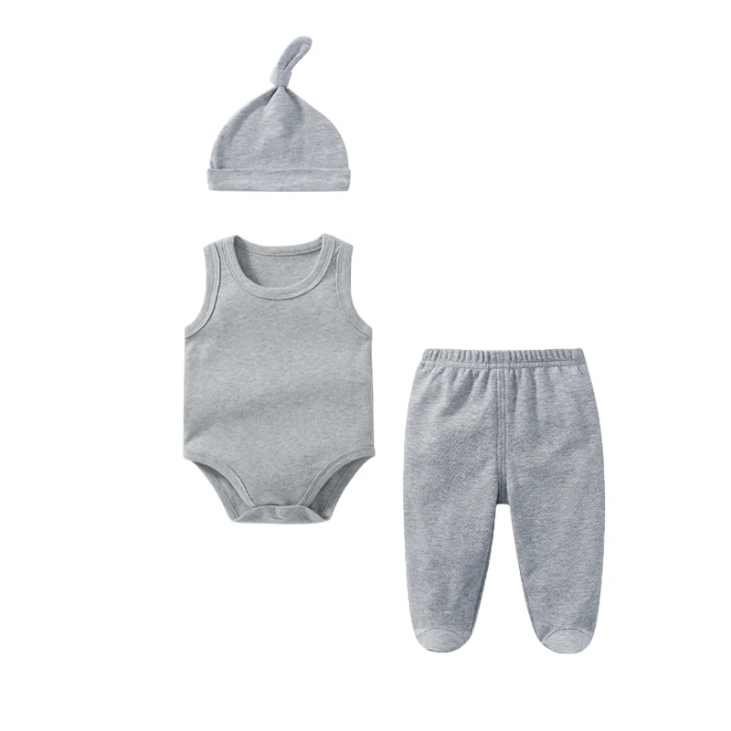 Newborn Baby Set 3Pcs Outfits 0-12 Months Solid Color Cotton Vest Bodysuits+Foot Wrap Pants+Hat Baby Boy Girl Clothing