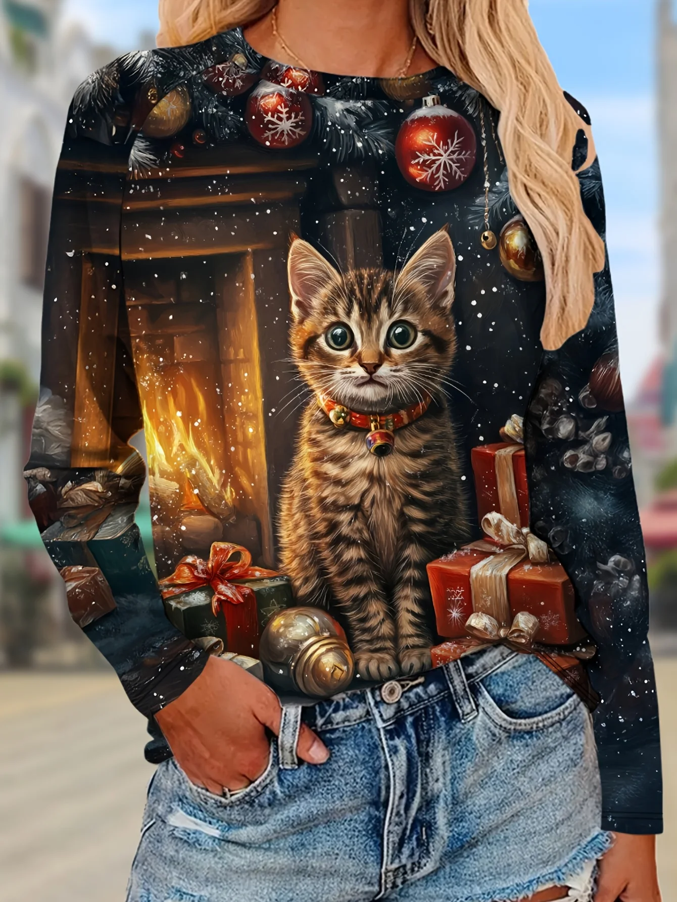 Women's Long Sleeve T-Shirt, Cute Tabby Kitten Sitting By Fireplace With Christmas Ornaments And Gift Boxes Snowflake Pattern, All-Winter Holiday Style Top Suitable For Leisure And Sports Scenarios