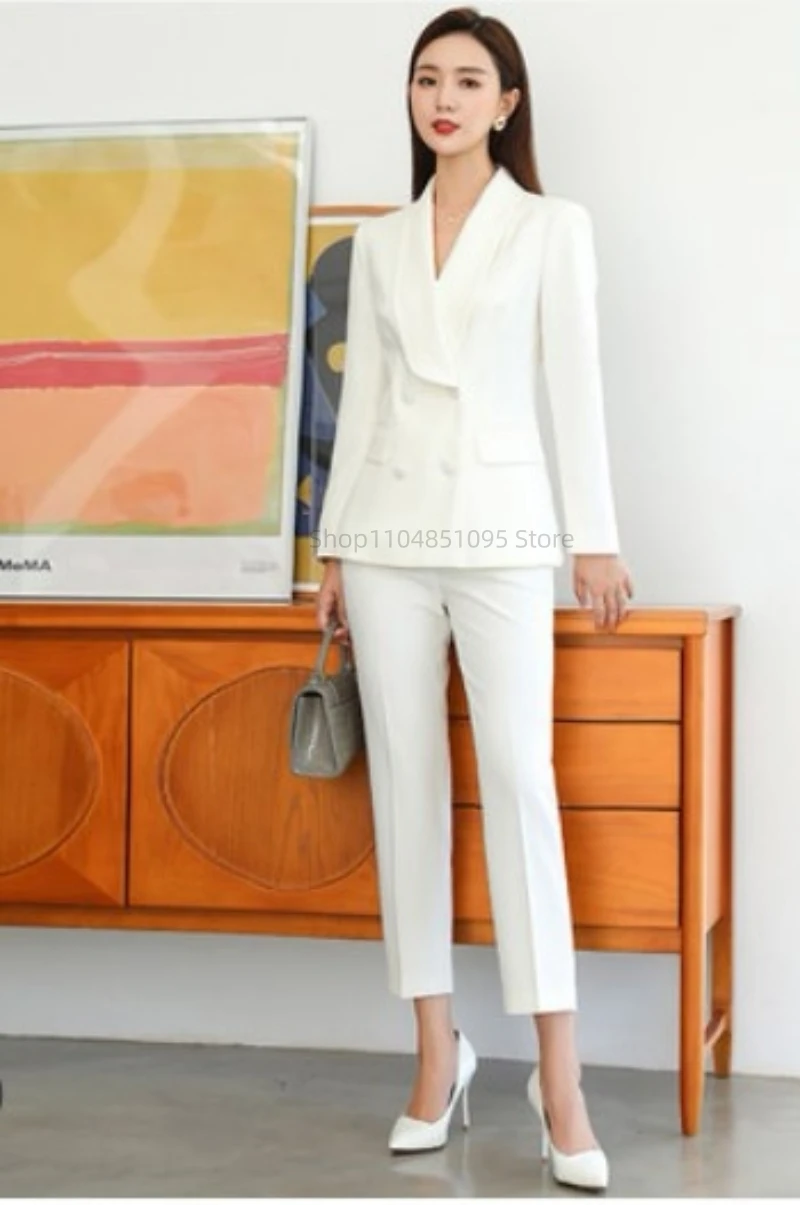 

Ivory/Black Women's Suit Party Wedding 2pcs Slim Fit Shawl Lapel Double Breasted Blazer Pants Outfit Evening Dresses for Prom