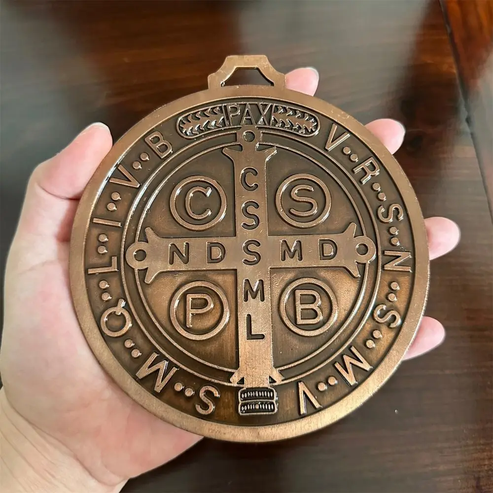 Extra Large Saint Benito Medal Zinc Alloy Vintage Brass Saint Benedict Round Prize 5 Inch Home Decor Pendant