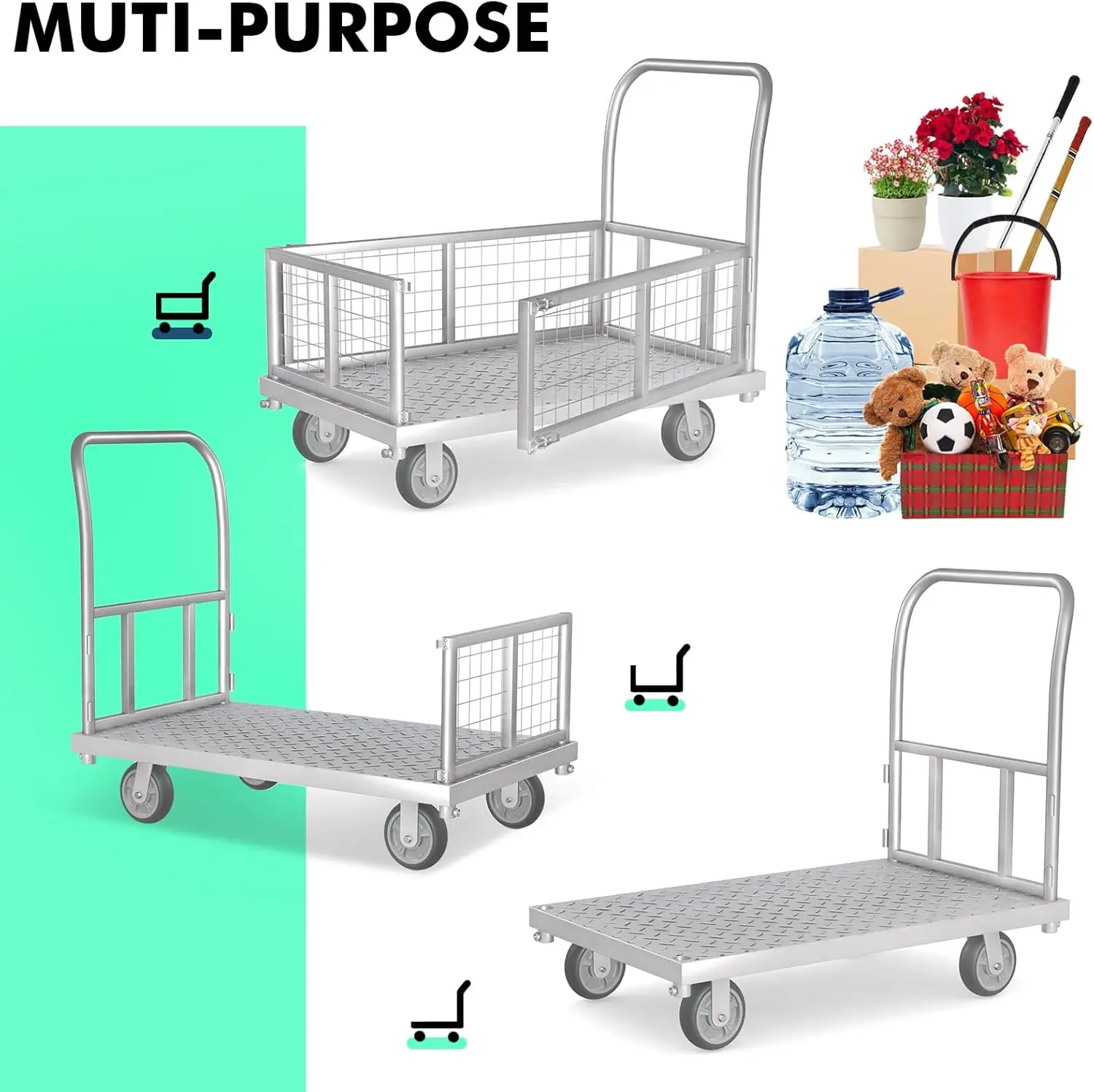 4-in-1 Platform Truck Cart with Cage, Multi-Purpose Heavy Duty Steel Flatbed Cart with 2200lbs Capacity Platform Hand Truck 6" W
