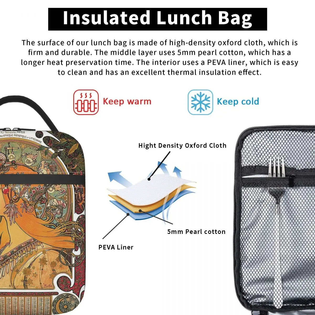 Zodiac (Original Version), By Alphonse Mucha (1896) ORIGINAL COLORS Insulated Lunch Bag Kids Portable Food Boxes Thermal Lunch