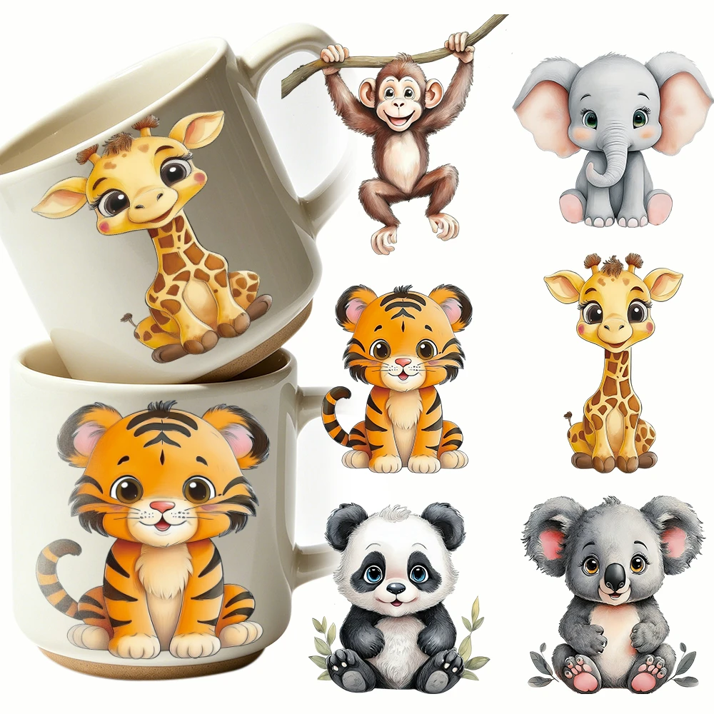 6 autocollants de transfert UV DTF pour tasses, motifs de dessins animés (Panda, Tigre, Singe, Éléphant, Koala, Girafe), pour DIY sur verre, canettes et tasses