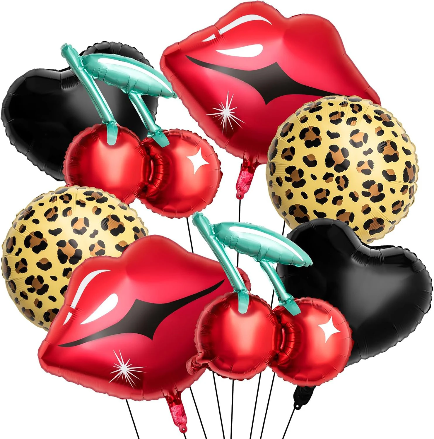 Kit de 8 globos de aluminio negros y rojos: estampado de cereza, labios rojos, patrón de guepardo, corazón negro |   Decoración de despedida de soltera, Kiss The