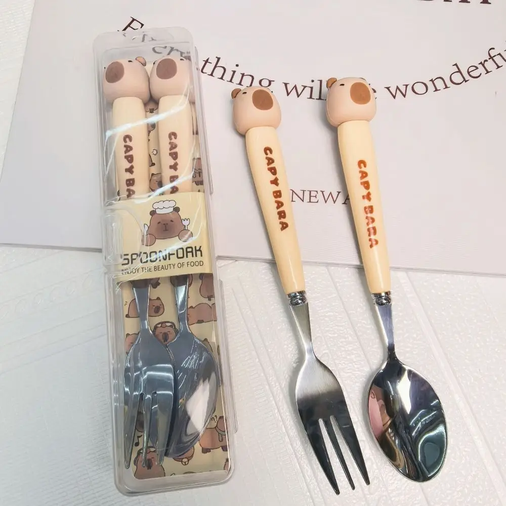 

Cute Stainless Steel Capybara Cutlery Set Cartoon Travel Portable Children Tableware Set Fork Spoon Dinnerware Sets
