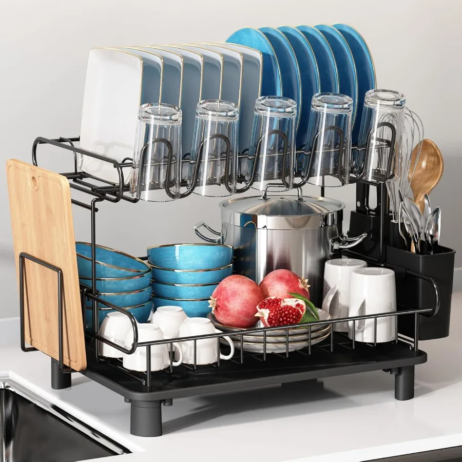 

2 Tier Black Large Stainless Steel Dish Drainers Drying Rack for Kitchen Counter with Drainboard Rust Proof Metal Space Saving