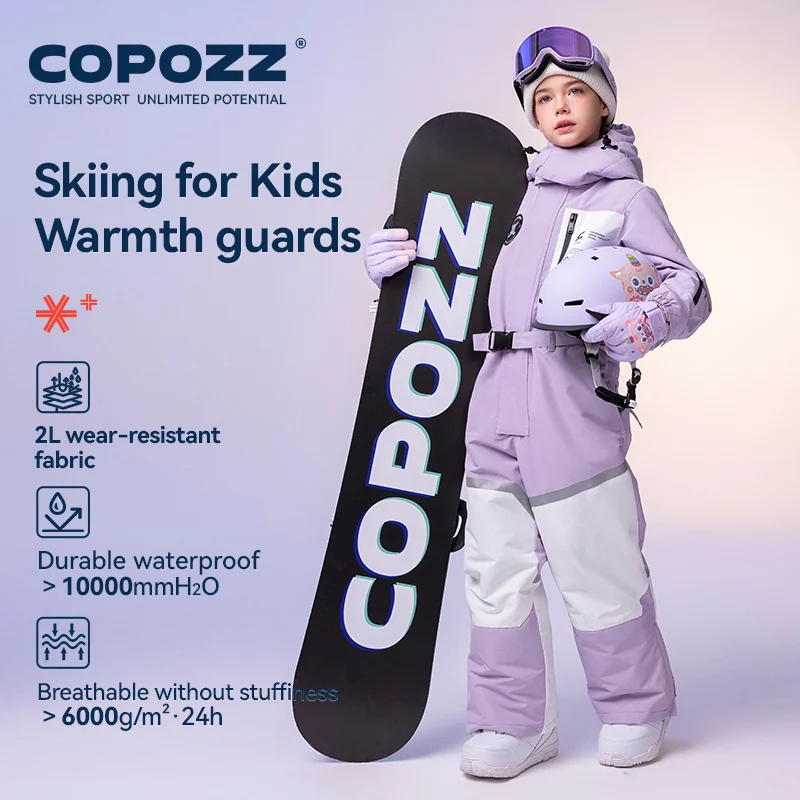 COPOZZ Warm Winter Ski Suit For Boys Girls Waterproof Kids Ski Overalls Hooded Windproof Snowboard One Piece Ski Jumpsuit Child