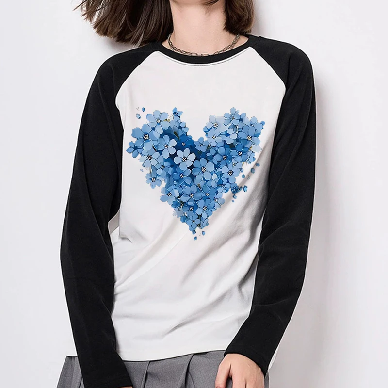 

Женская осенне-зимняя забавная футболка с круглым вырезом и длинными рукавами, женские готические футболки Y2k, синяя футболка с цветочным принтом в виде сердца, одежда 90-х годов