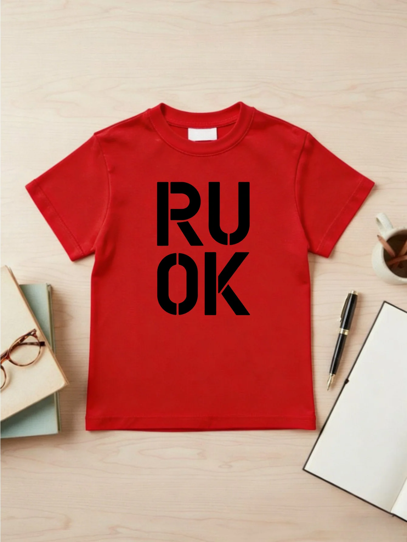 Boys and Girls Casual T-shirt RU OK Fashion Letter Printed Round Neck Mid To Large Children's Parent-child Outfit Summer Top