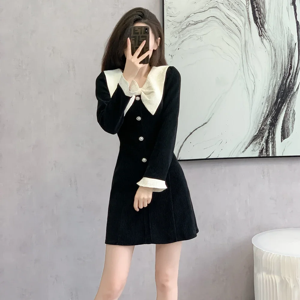 

2024 Autumn Winter New Elegant Sweet Bow Collar Long Sleeve Corduroy Slim Short Dress Party Club Prom Birthday