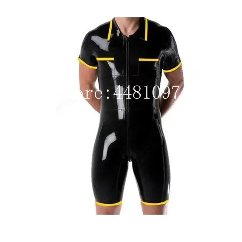 

Latex Rubber Gummi Black Men's Short-sleeved Sports Suit with Front Zipper