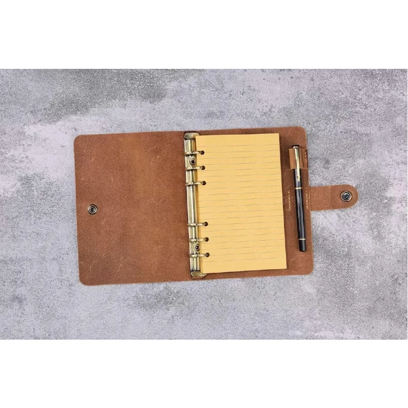 Personalized refillable 6 ring rustic leather A6 journal cover with pen holder ,  leather A6 refill planner binder sketchbook