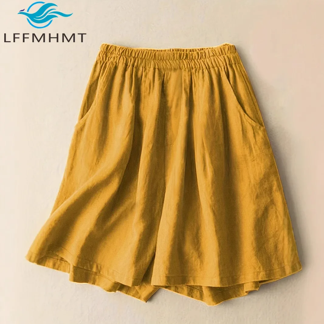 

Women Summer Vintage Comfortable Cotton Linen Wide Leg Shorts High Waist Thin Breathable Loose Versatile Casual Literary Shorts