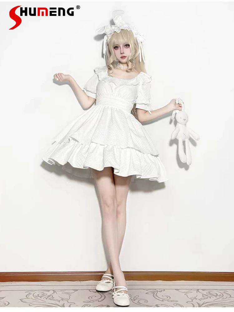 

Original Japanese Elegant Princess Summer Dress Crew Neck Short Sleeve Ruffled High Waist A-line Daily Lolita White Dress Women