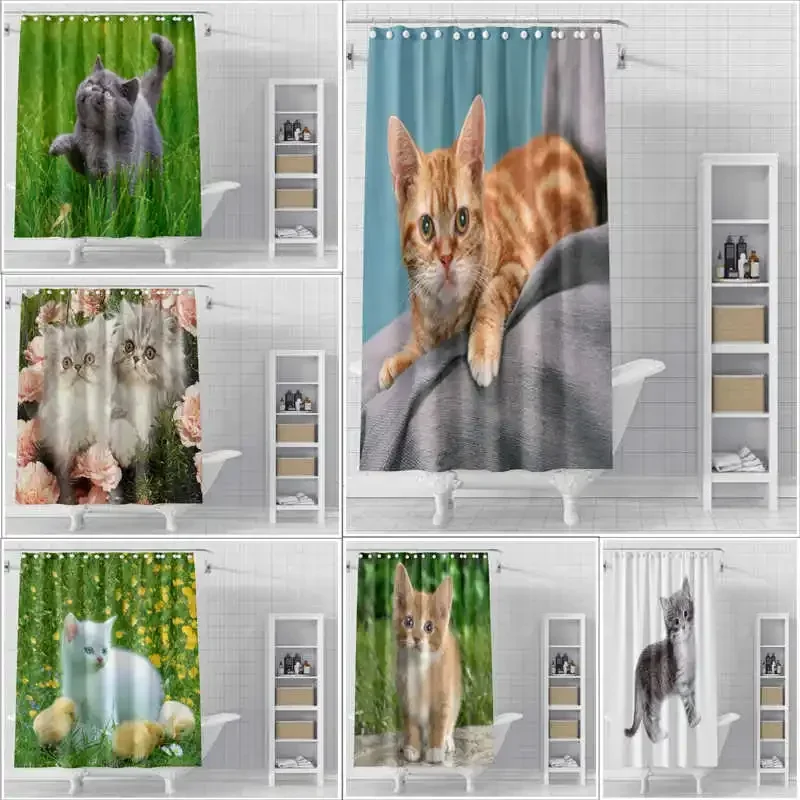 

Cartoon Cat Waterproof Shower Curtain Partition Curtain Bathroom No Punching Toilet Anti Mold Cute Hanging Curtain