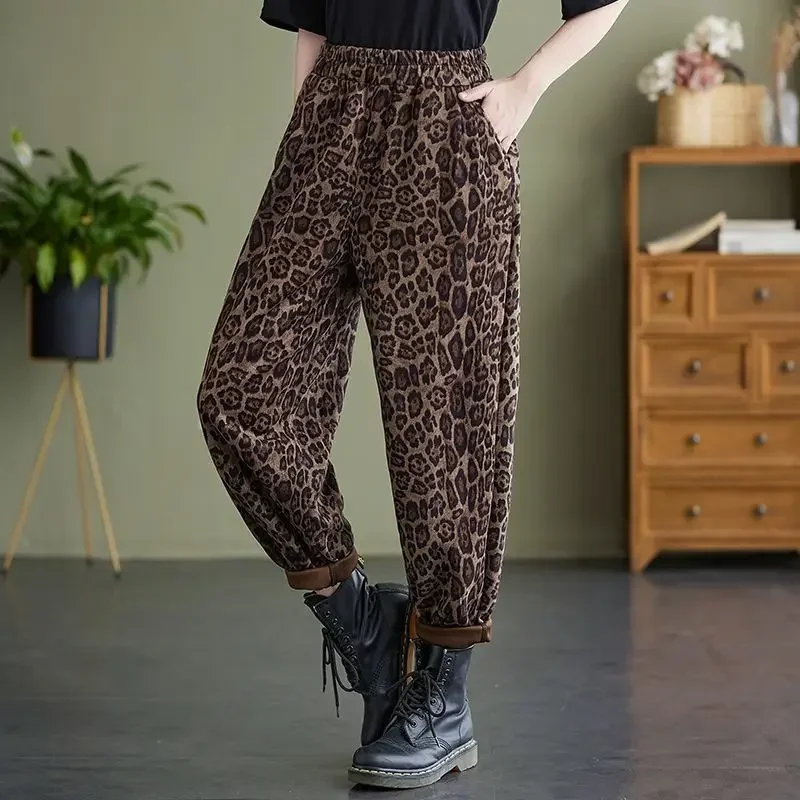 Pantaloni Harem leopardati larghi spessi in pile Vintage Streetwear pantaloni elastici Casual in vita autunno inverno abbigliamento donna Z797