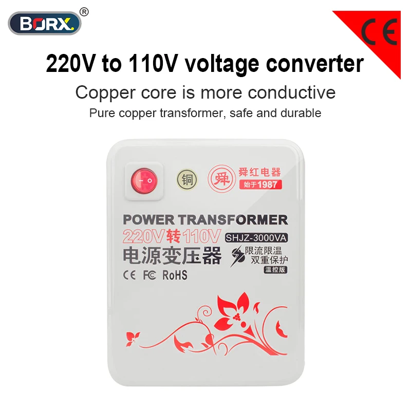 High Power Voltage Transformer 220V to 110V 100V Automatic Power Off Temperature Control Dual Output Plug for Home Appliances