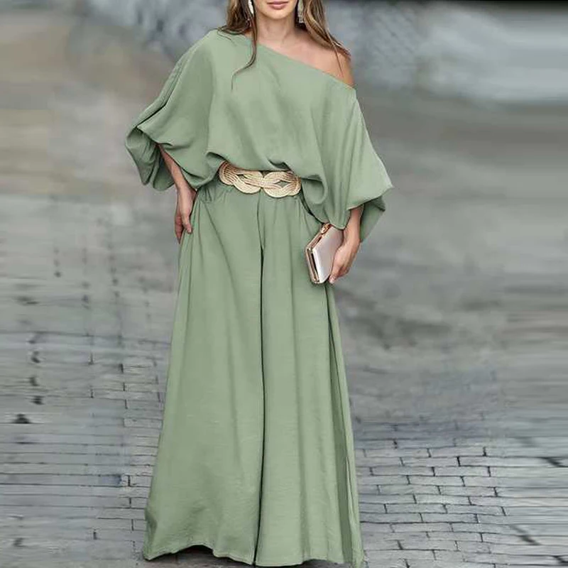 

Spring Women Solid Color Street Matching Set Fashion Bat Sleeve Top and Wide Leg Pants Set Slant Neck Loose Ladies Two Piece Set