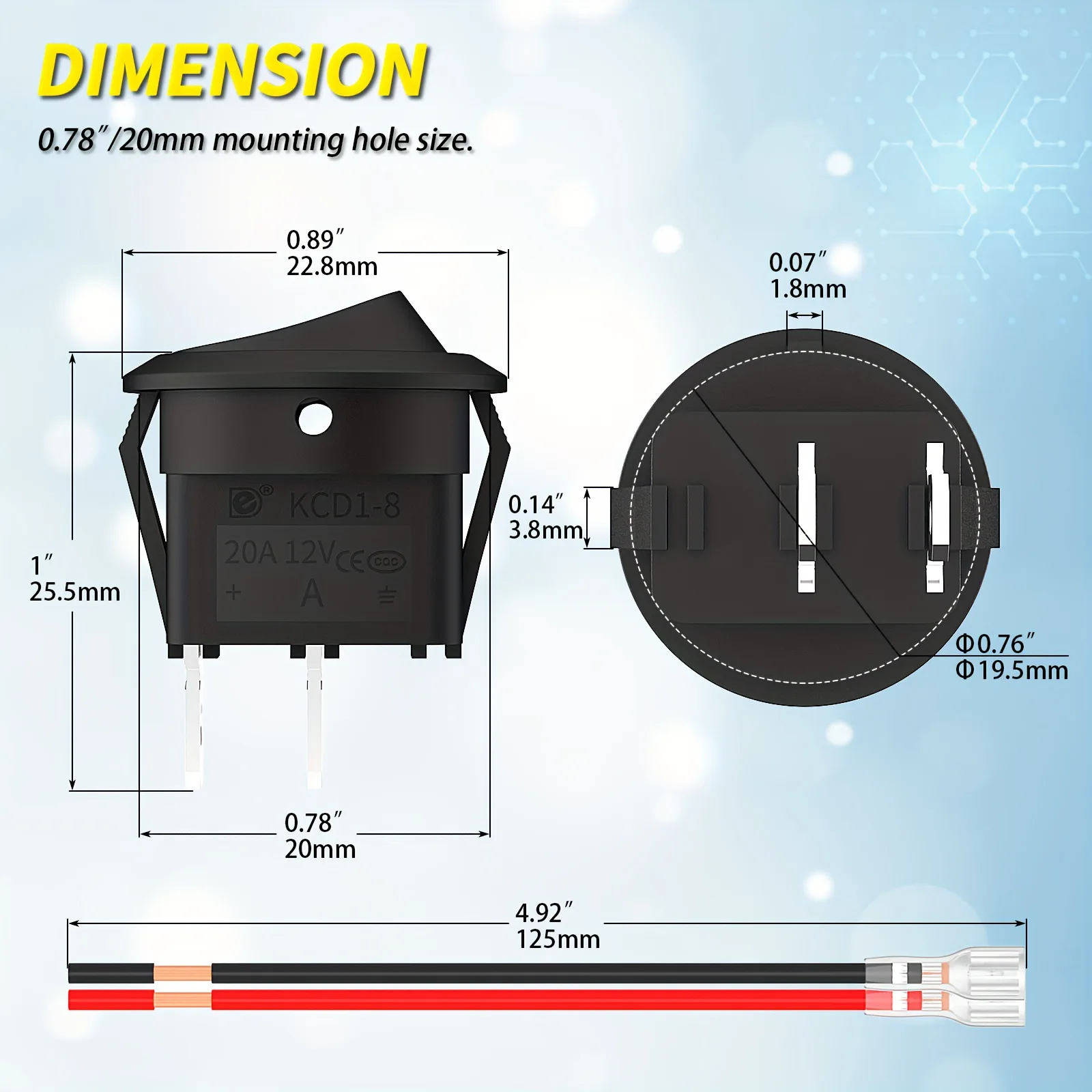 12V Round Rocker Switch – 3-Position On/Off/On, 3-Pin SPST, 6A/250V AC & 10A/125V DC, Round Toggle Push Button Switch for