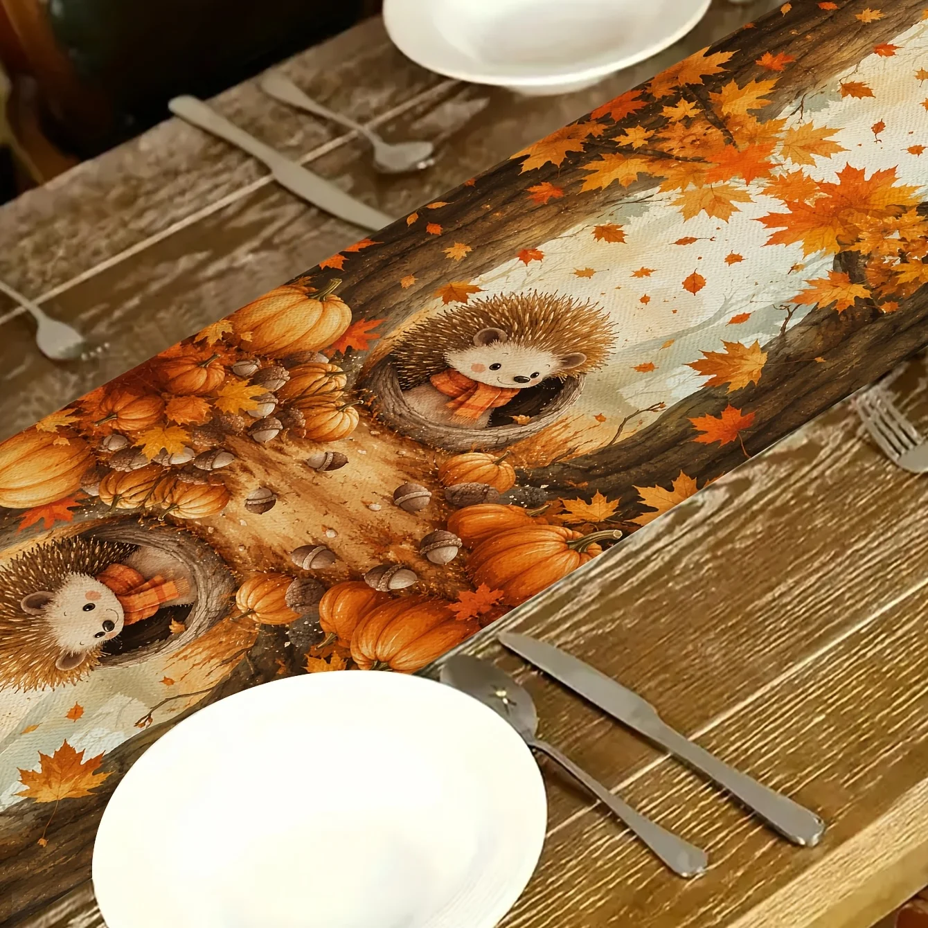 Fall Hedgehog Pumpkin Maple Leaf Table Runner, Rectangular Dresser Scarf, Farmhouse Thanksgiving Harvest Dining Table Decor