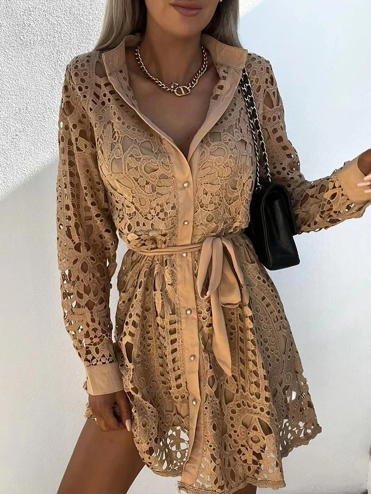 Spring Autumn Solid Vintage Women Hollow Out Mini Dress V-Neck Long Sleeve Casual Ladies Cardigan Dress Streetwear Dropshipping