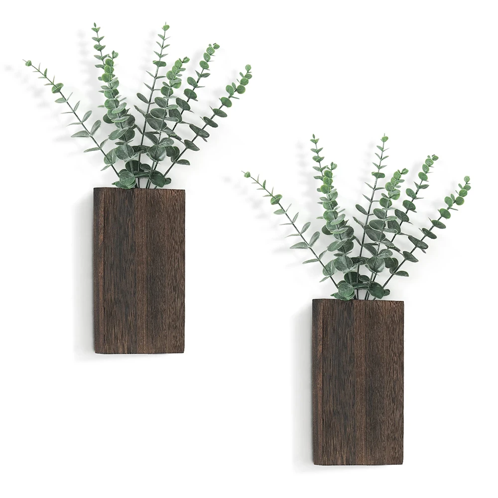 

2pcs Wood Wall Planter Farmhouse Wall Plant Pocket Vases with Artificial Eucalyptus Wall Hanging Plant Holders for Dried Flower