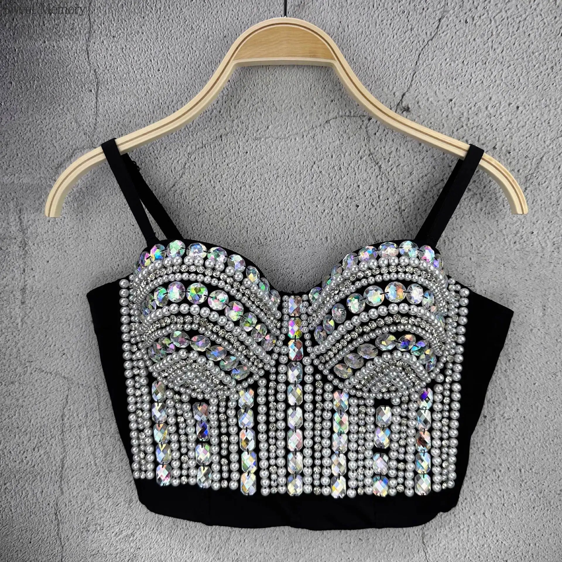 

Sweet Memory Luxury Rhinestones Pearls Embroidery Glitter Bustier Corset Crop Top Evening Club Party Camis Dance Costume