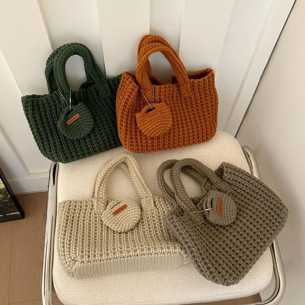 

Fashion Solid Color Handwoven Bag Handmade Vintage Knitted Handbag Large Capacity Elegant Woven Bag Women Use